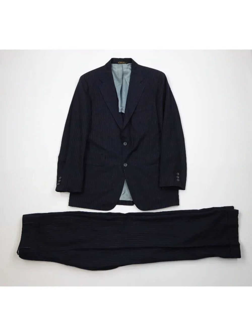 Vtg 50s Mens 38R 2 Piece Wool Pinstriped Suit Wedding Blue Wide Leg 34x31 USA